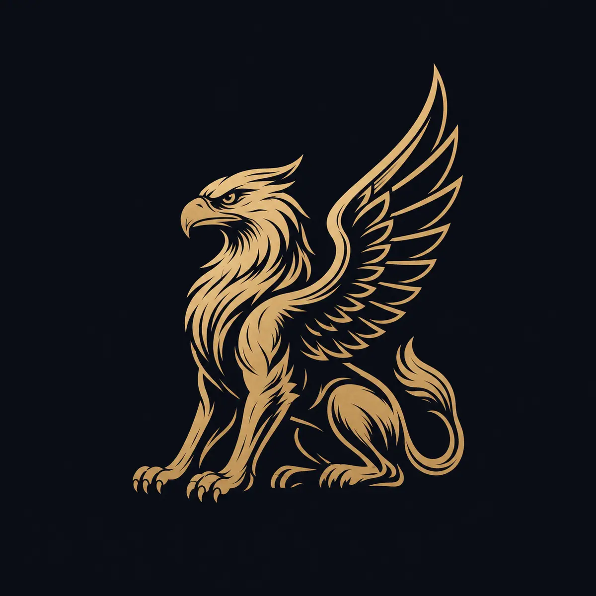 A gold heraldic griffin standing guard with one wing raised
